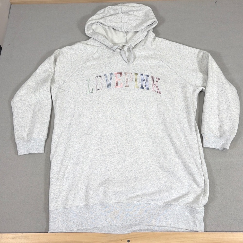 Victoria's‎ Secret PINK NWOT Rainbow Rhinestone Tunic Hoodie Gray Large